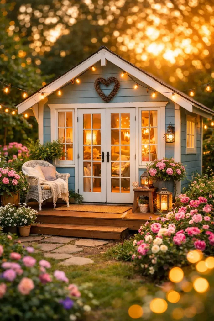 1. a dreamy she shed glowing in golden hour light