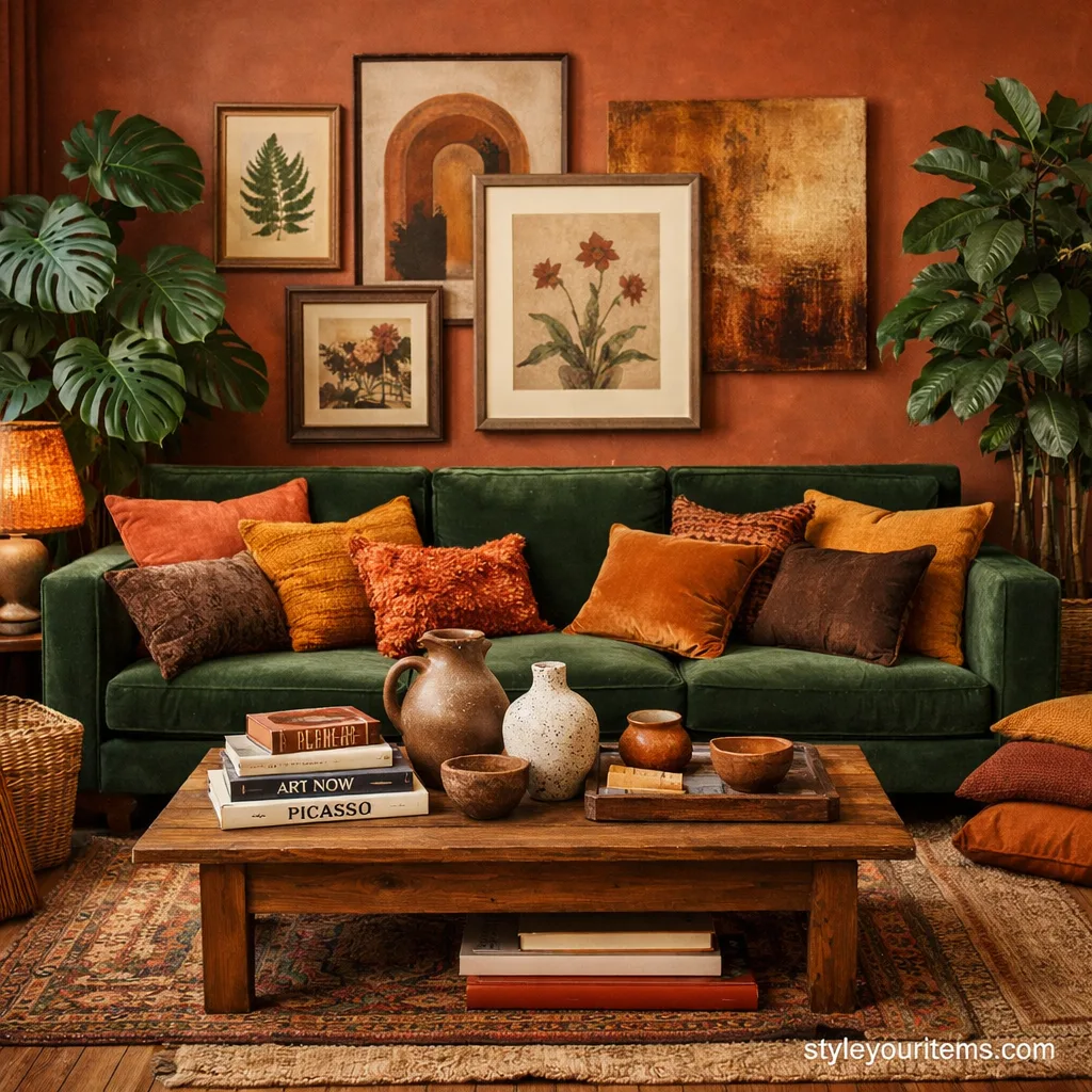 14. photorealistic earth tone maximalist living room