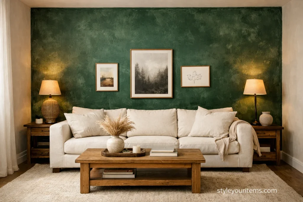 19. forest green limewash painted accent wall behind the sofa room