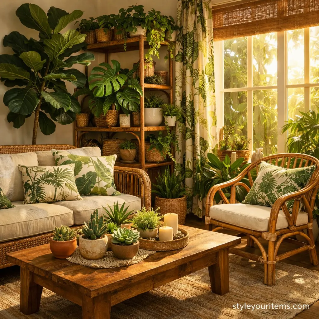 8. A tropical biophilic living room filled with lush indoor plants