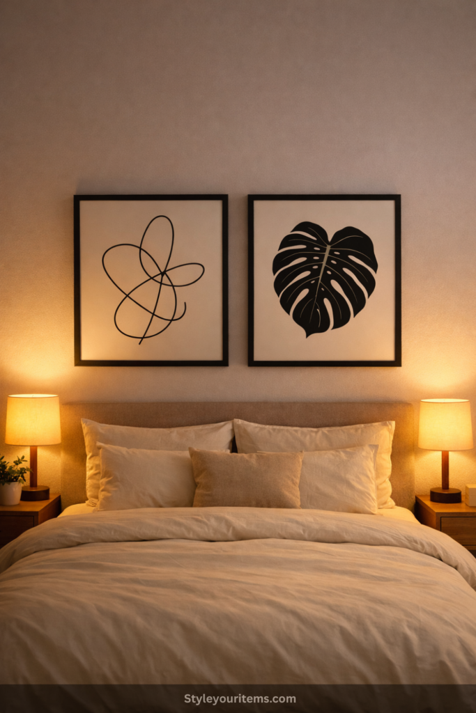 A minimalist small bedroom at night with warm golden bedside lamp glowing softly