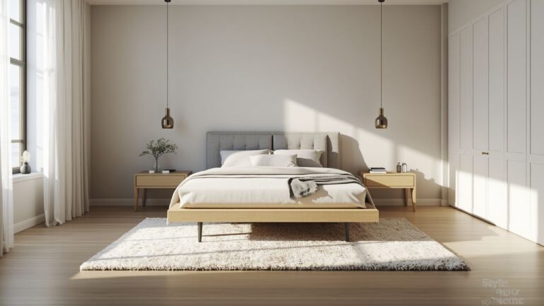 A modern cozy bedroom with a floating bed centered on the wall