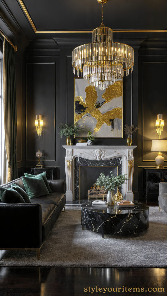 a dramatic dark theme luxury living room 2026 wall 1