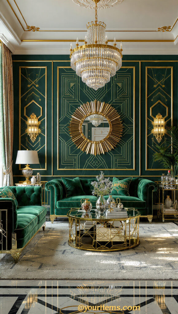 a glamorous art deco revival living room 2026 bold