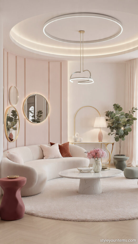 a modern geometric shapes living room 2026 curved
