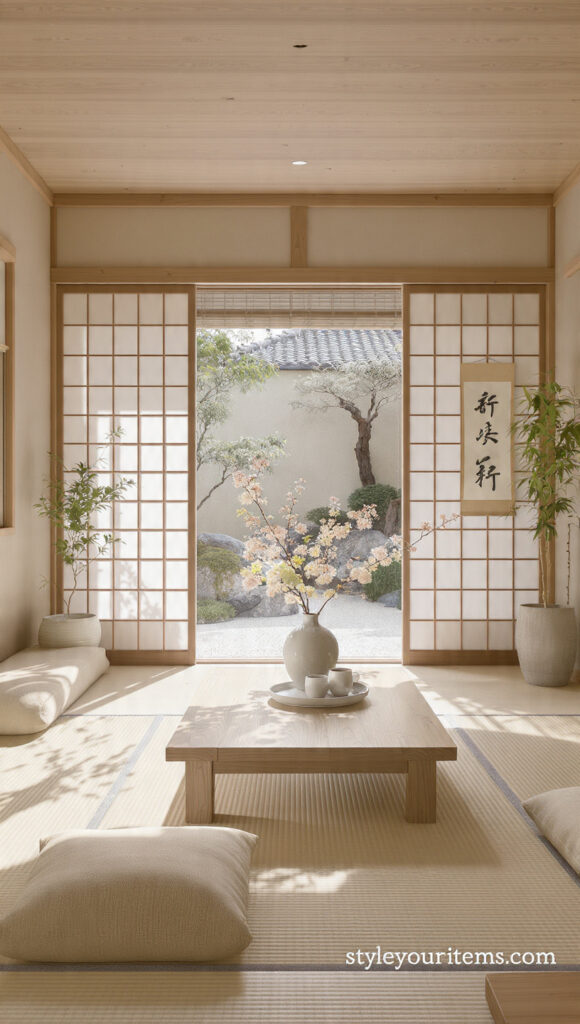 a peaceful japanese zen modern living room 2026 mi