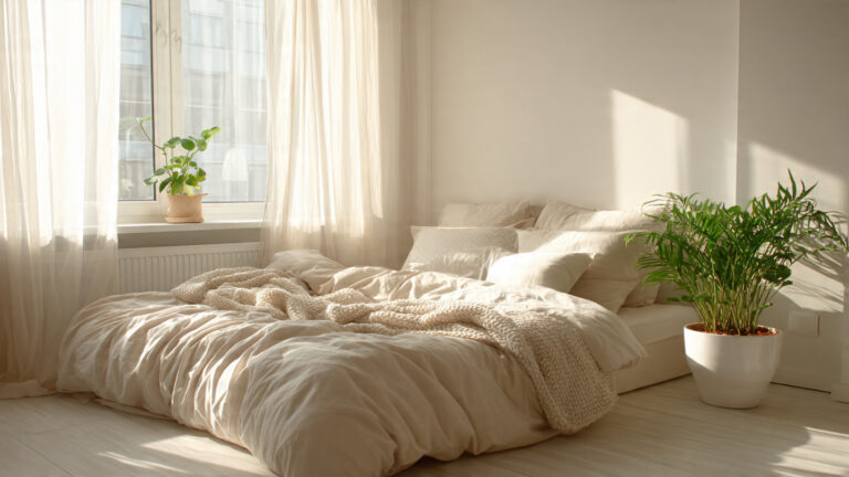 a stunning minimalist bedroom with white and warm
