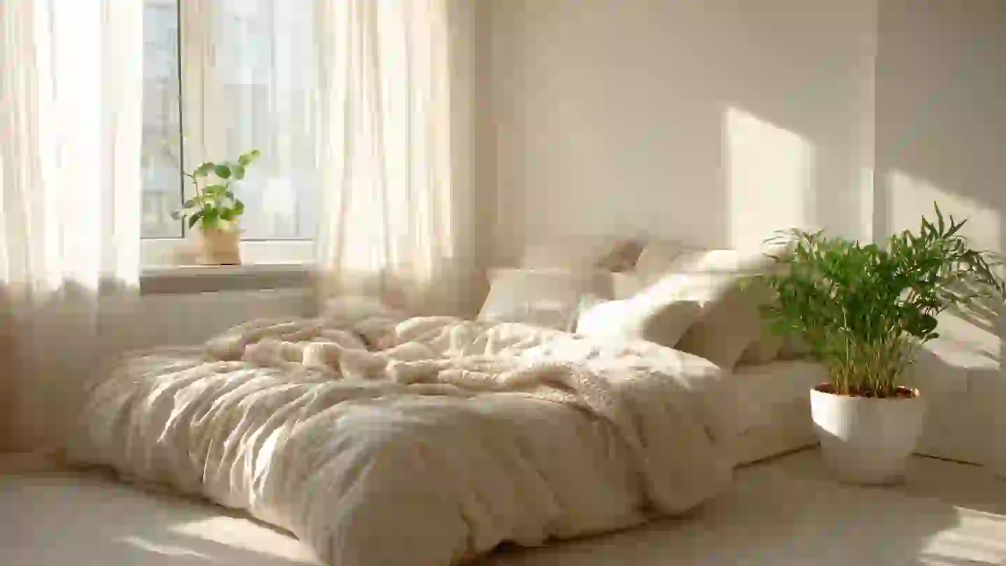 a stunning minimalist bedroom with white and warm