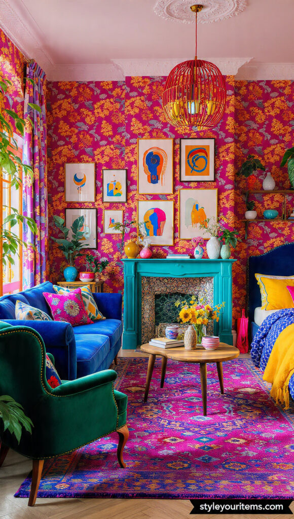 a vibrant maximalist living room 2026 bold floral
