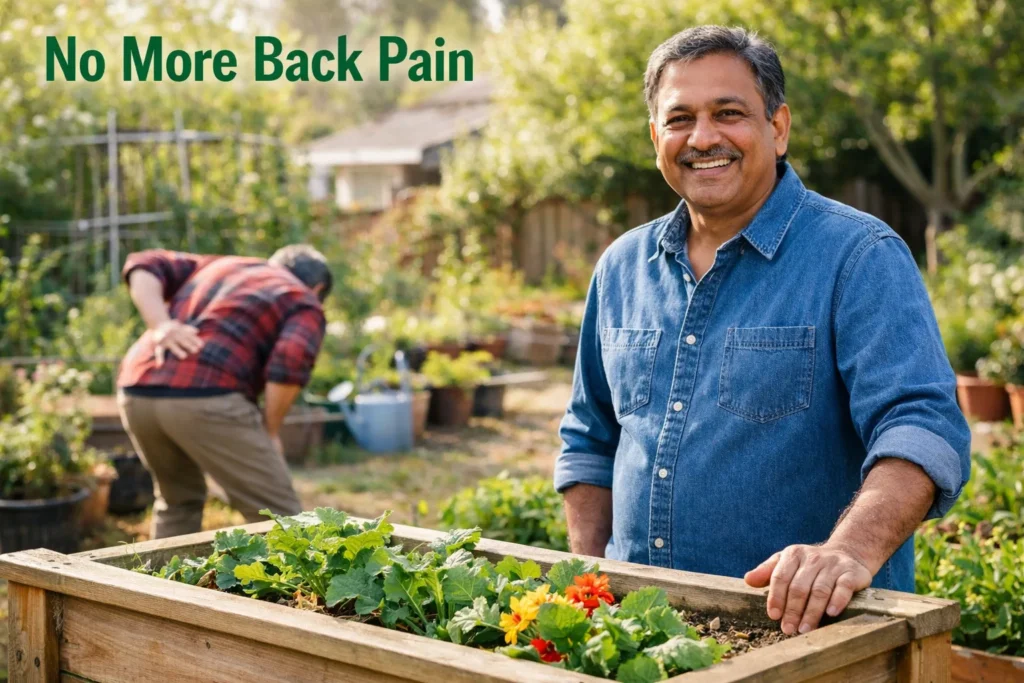 Man standing at waist-high raised garden bed without back pain while another person bends on ground holding lower back