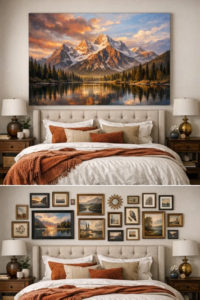 Large canvas used as headboard behind bed