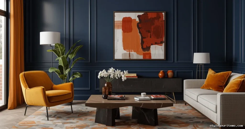 Vibrant navy living room featuring mustard and burnt orange decor.