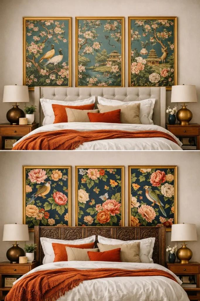 A group of woven baskets hanging above a bedroom mattress