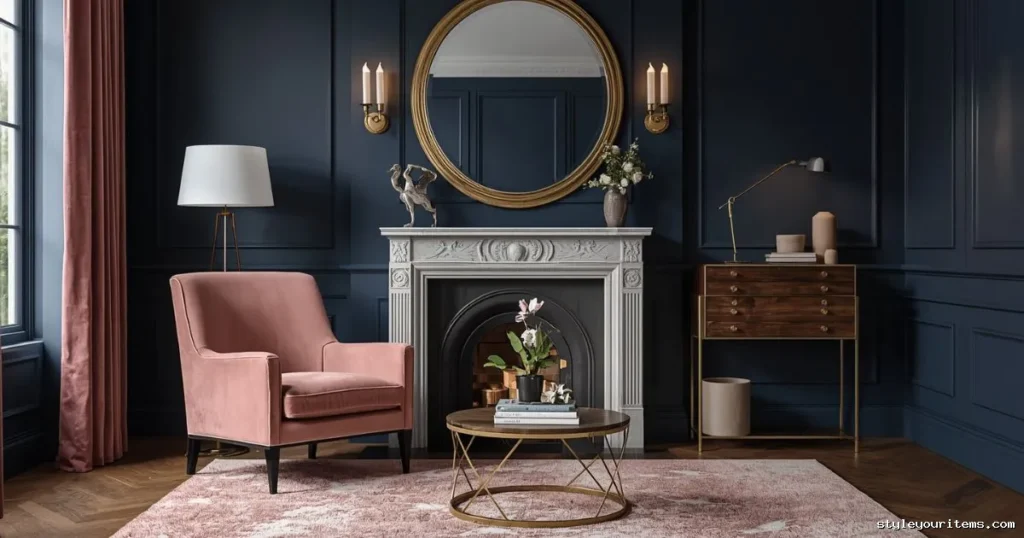 Navy blue walls softened with a delicate blush pink velvet chair.