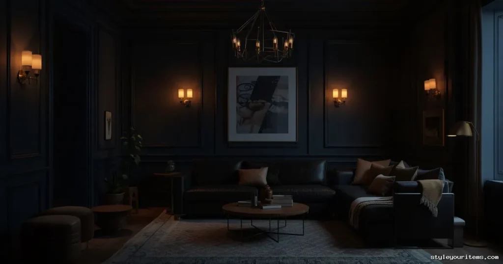 Layered, dramatic lighting highlighting a dark navy living room.