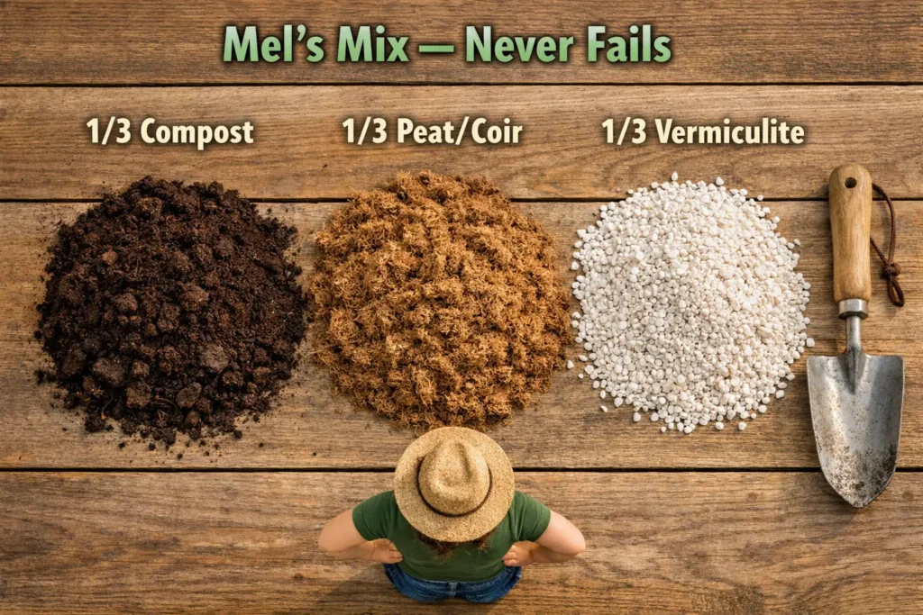 Three piles of soil ingredients on wooden table compost peat moss and vermiculite each labeled one third