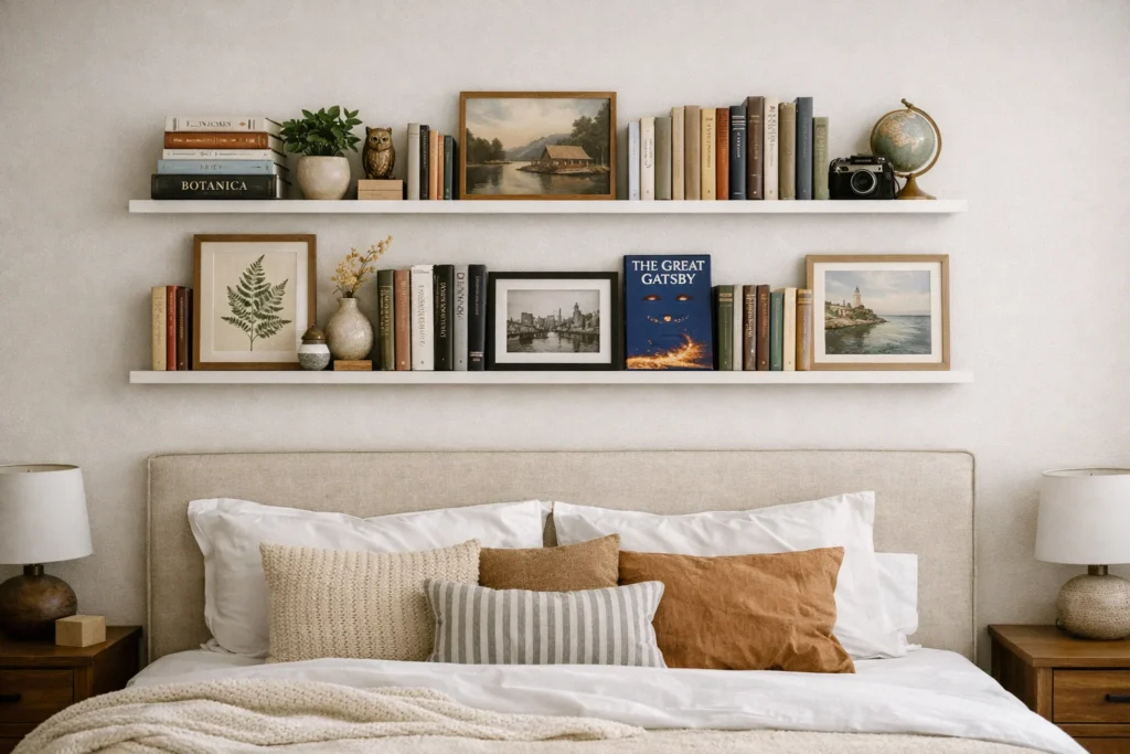 A large decorative mirror positioned centrally behind a mattress