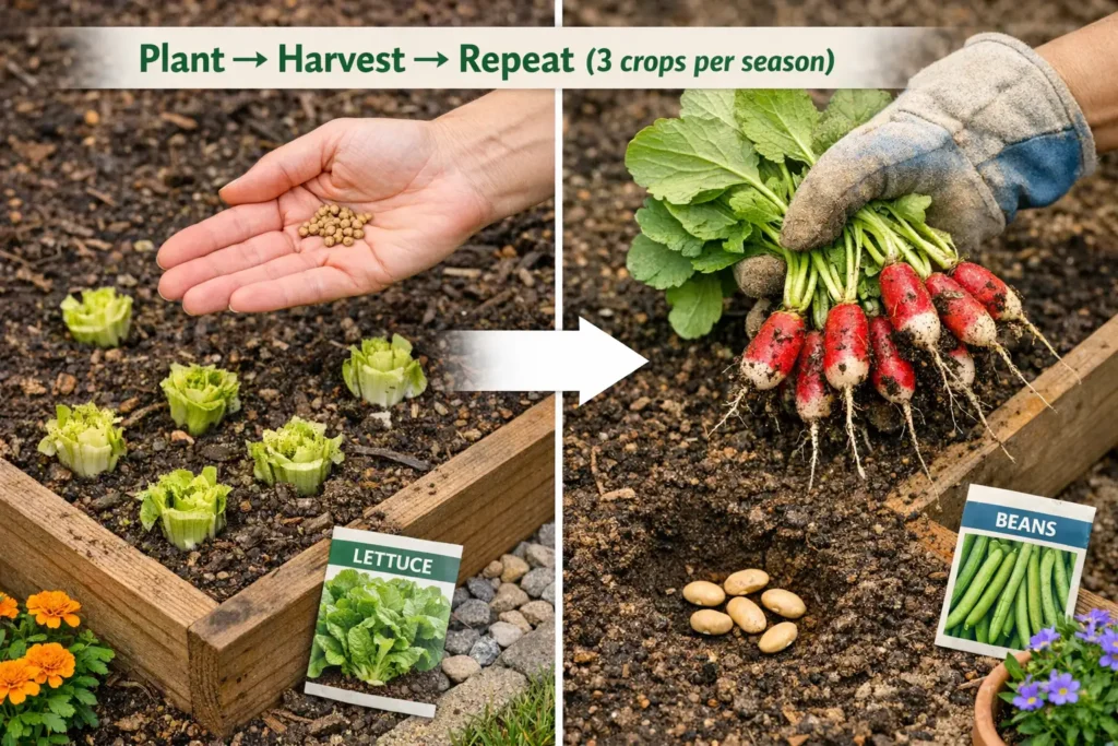 Split screen showing lettuce cut and new seeds planted on left radishes pulled and bean seeds ready on right with arrow