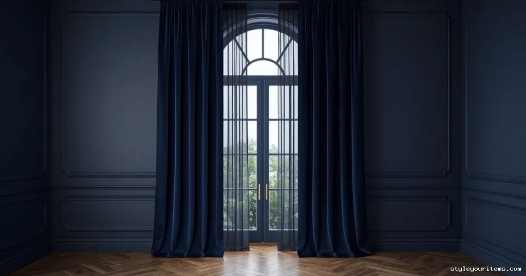 Floor-to-ceiling navy blue velvet drapes in an elegant living room.