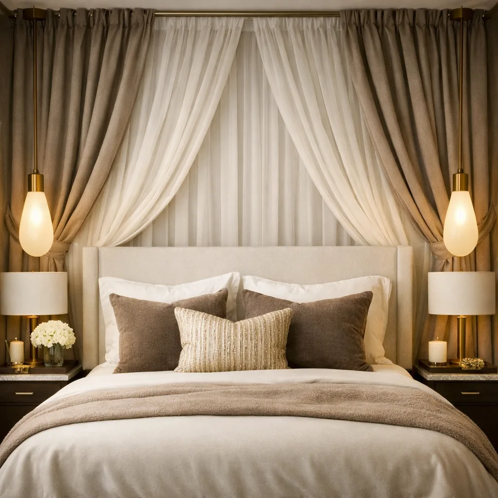 Sheer curtains draped from a ceiling rod, framing a bedroom bed
