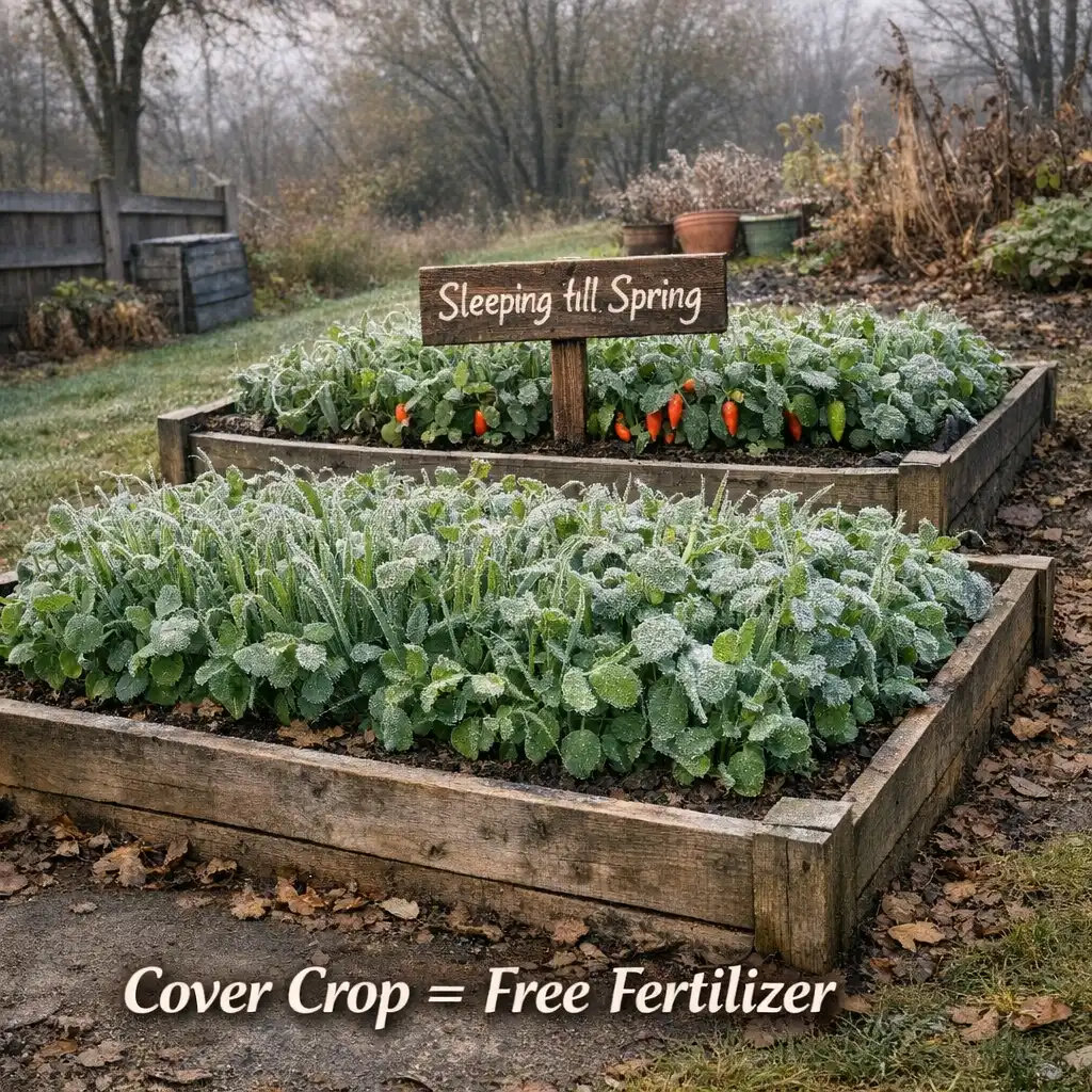 Raised garden bed in late autumn covered with green oats and field peas as cover crop frost on leaves and wooden sign