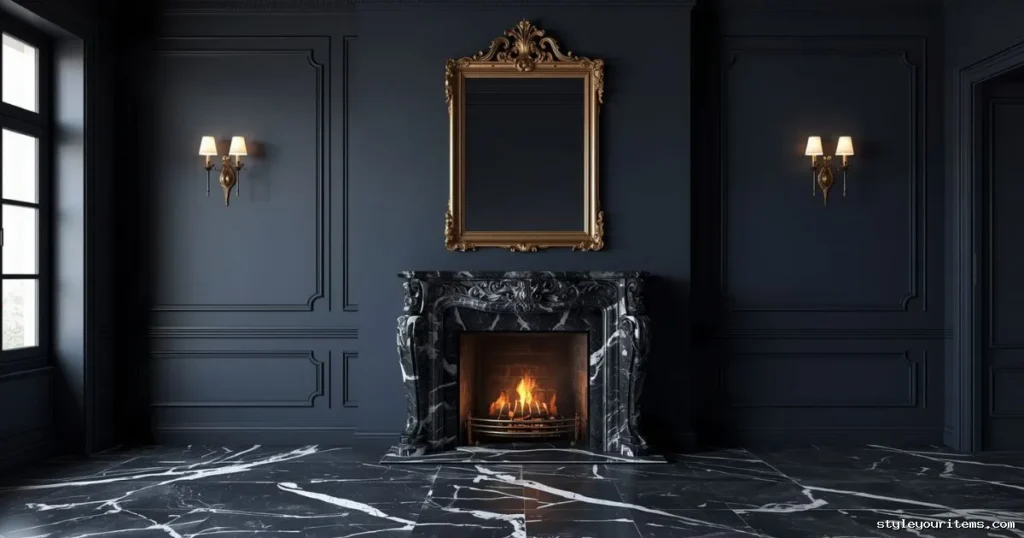 Dramatic black and white marble fireplace against dark navy blue walls.