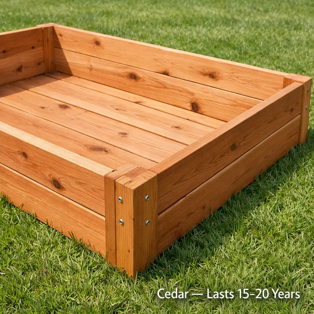 Empty cedar wood raised garden bed frame on green grass showing natural reddish brown color and wood grain