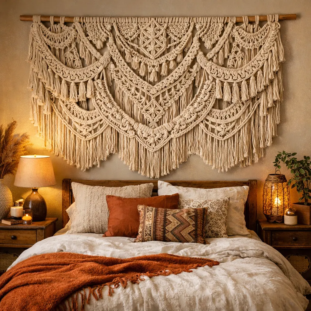 Bed with large wall art used as headboard alternative
