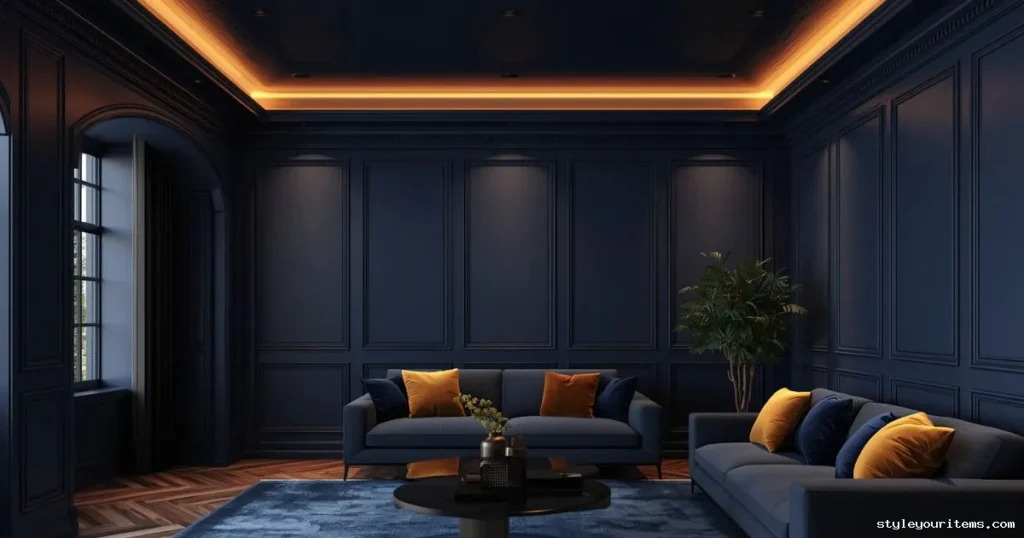 Modern living room featuring a high-gloss navy blue painted ceiling.