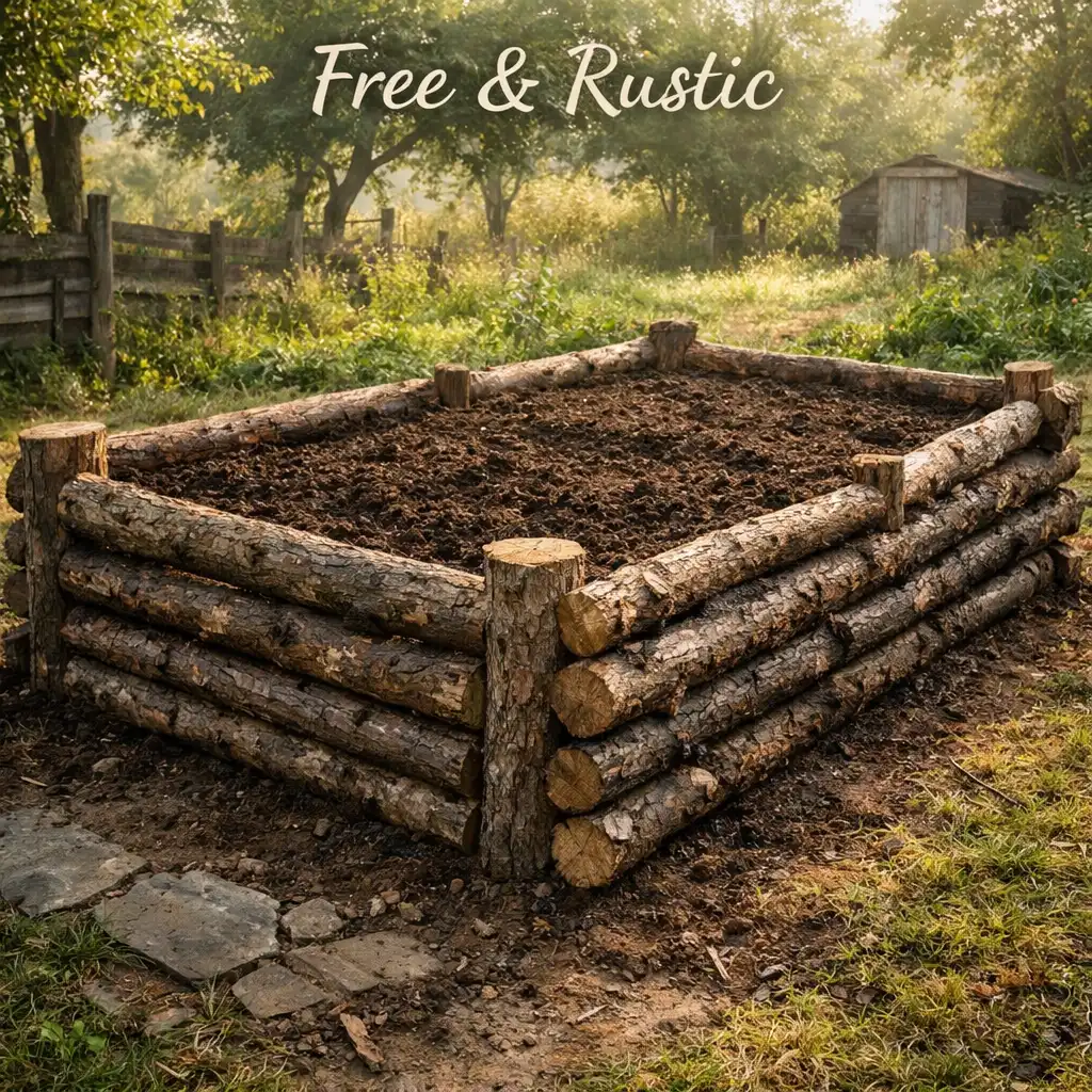 Rustic raised garden bed made from stacked tree branches and logs filled with dark brown soil