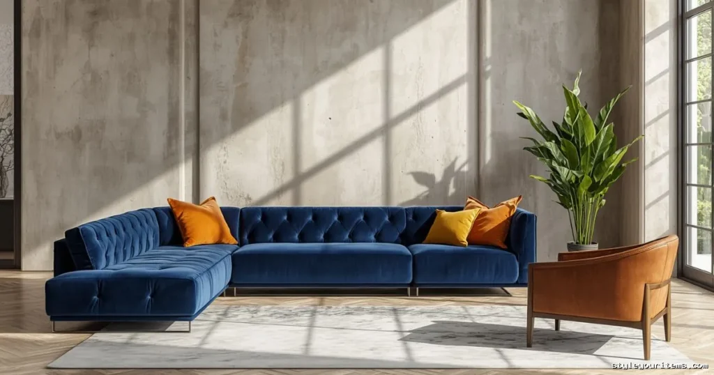 Plush navy blue velvet sectional sofa in a bright living room.