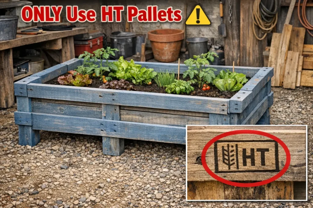 DIY pallet wood raised garden bed with close up of HT heat treated stamp inside red circle warning