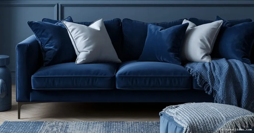 Sophisticated living room with layered monochromatic blue decor and textures.