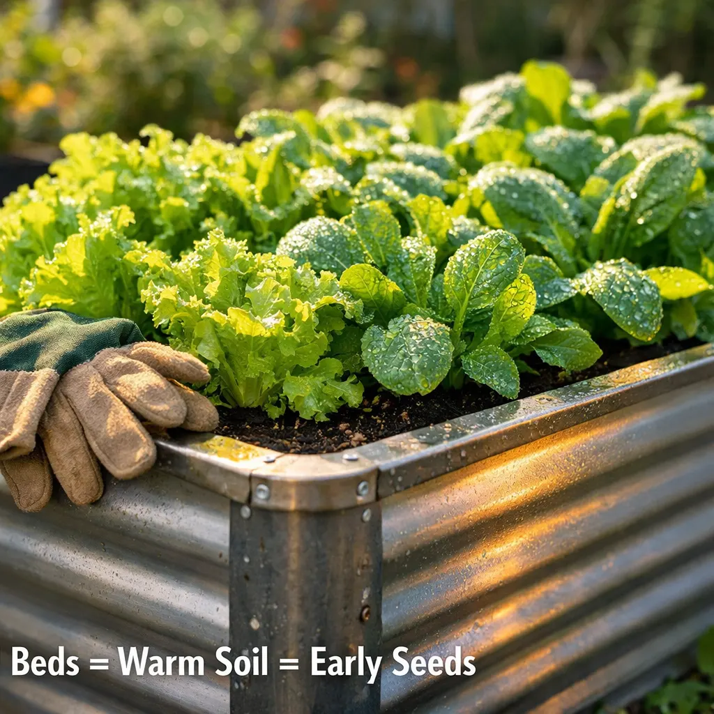 Grey corrugated metal raised garden bed filled with leafy green lettuce and spinach with gardening gloves on edge