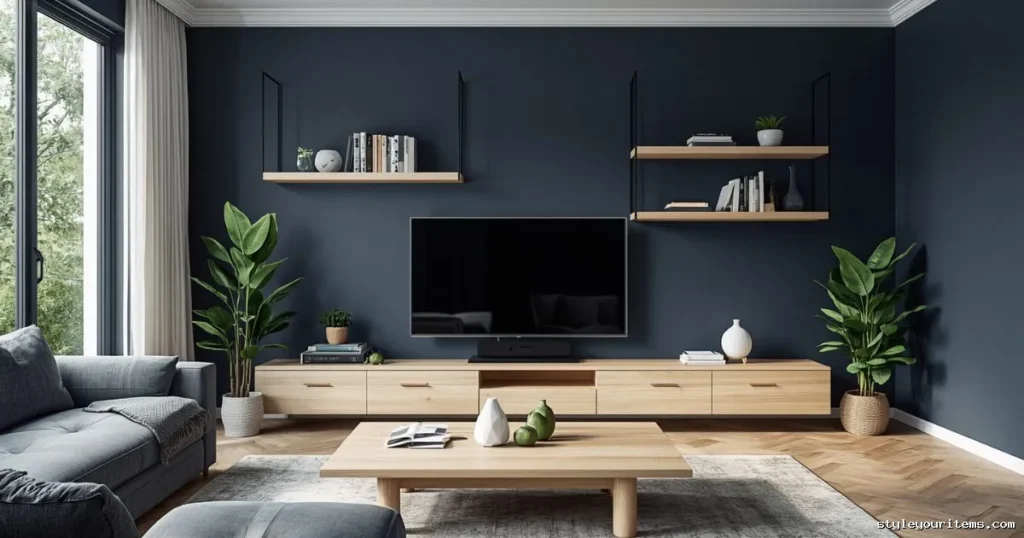 Navy blue walls paired beautifully with light oak wood furniture and shelves.