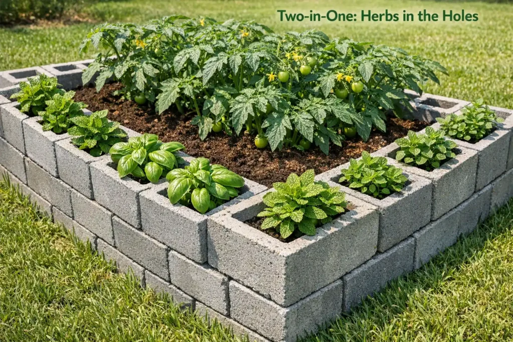 Concrete cinder block raised garden bed with mint basil and oregano growing in the block holes and tomatoes in main bed