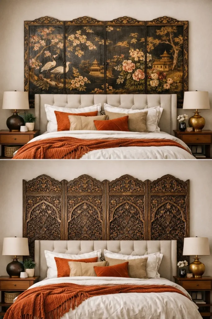 A long floating shelf above a bed, holding books and decor

