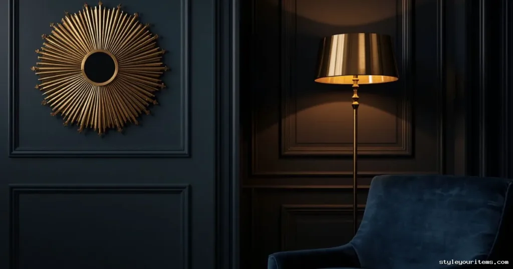 Chic navy blue living room with brushed brass and gold metallic accents.