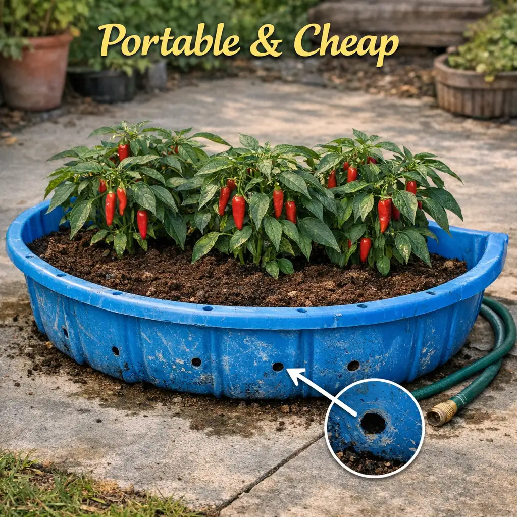 Bright blue plastic kiddie pool cut in half with drainage holes filled with soil and growing chili pepper plants on concrete patio