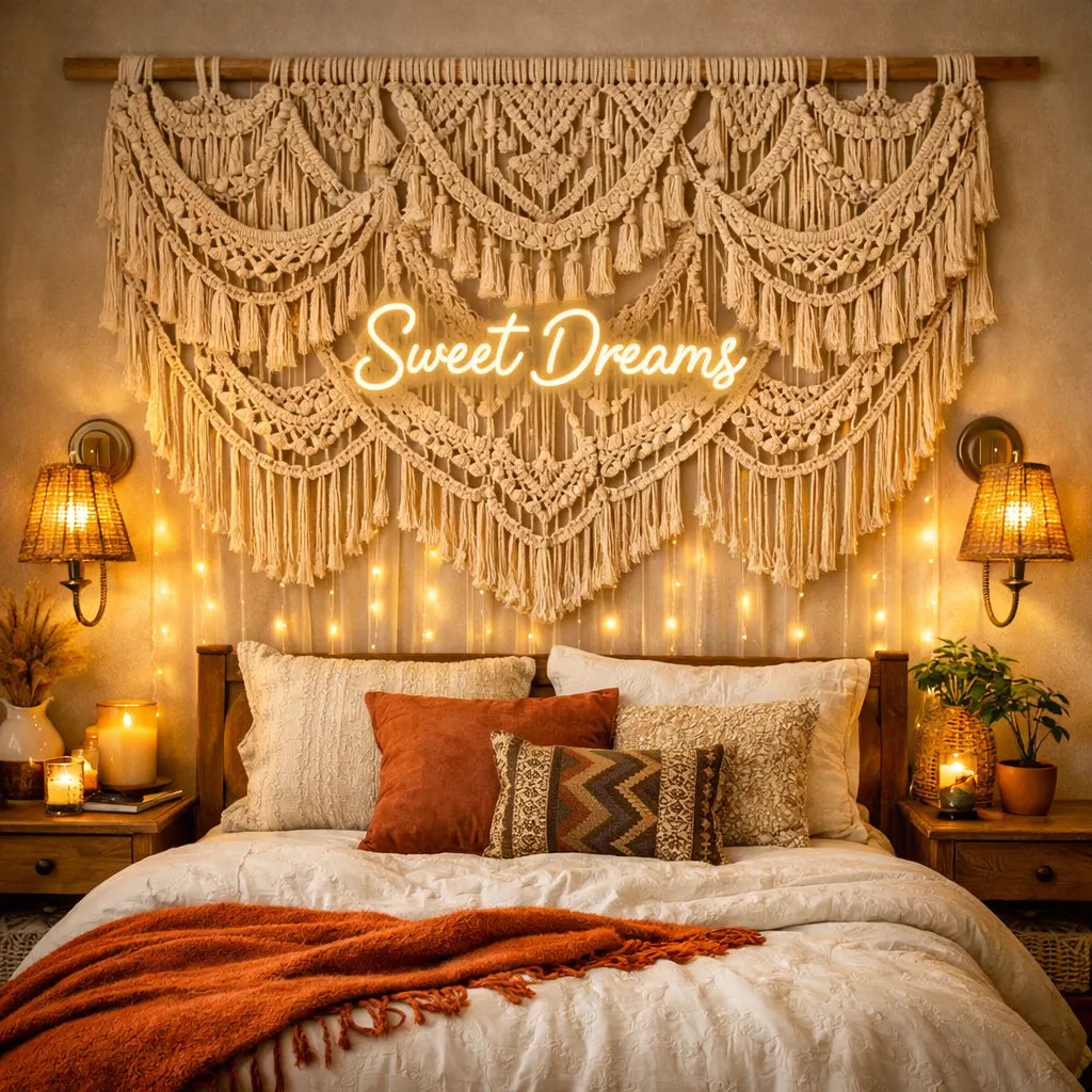 Fabric‑lined plywood panels attached to a wall behind a mattress
