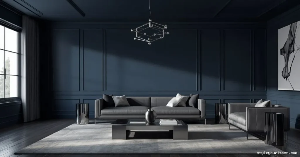 Ultra-modern navy living room with polished chrome furniture.