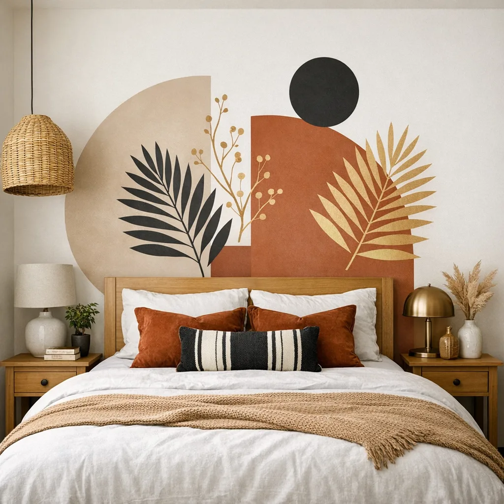 An antique folding screen placed flat behind a bedroom bed