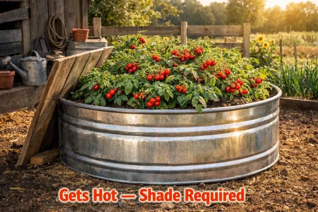 Large round galvanized metal stock tank converted into raised garden bed with cherry tomato plants and wooden board for shade