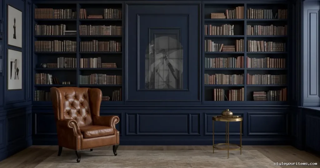 Vintage saddle-brown leather armchair against navy blue bookshelves.