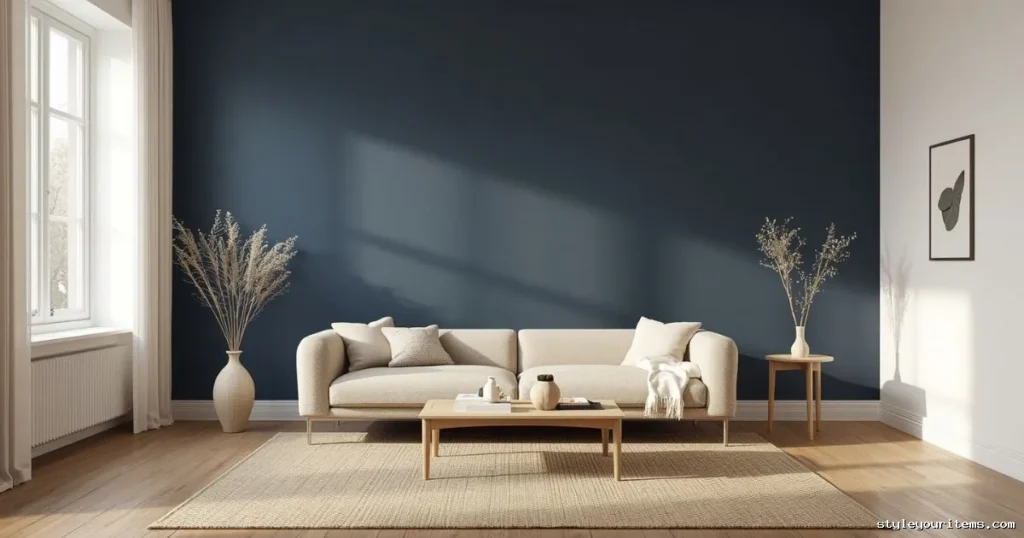 Navy blue accent wall contrasting with a soft oat-beige sofa.