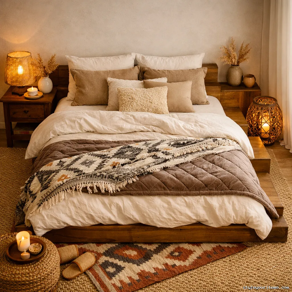 Layered bedding in boho bedroom style