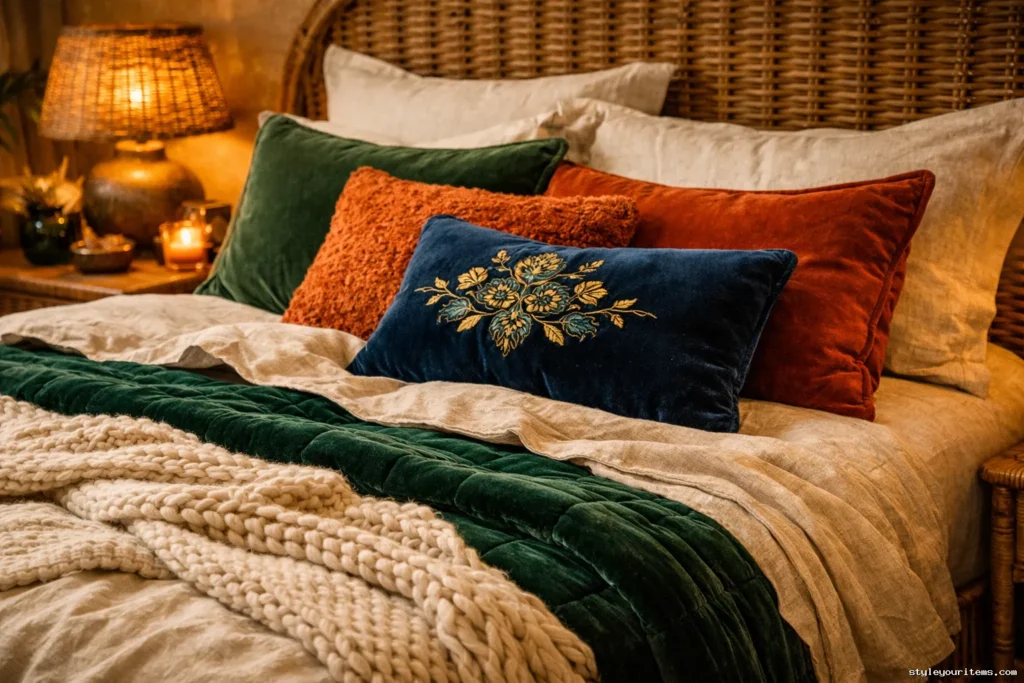 Layered boho bed with linen, velvet and knit textures under warm light