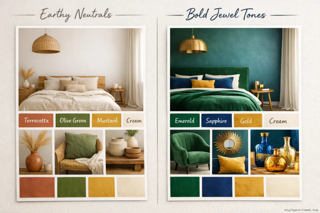 Boho color palette showing earthy neutrals and jewel tones