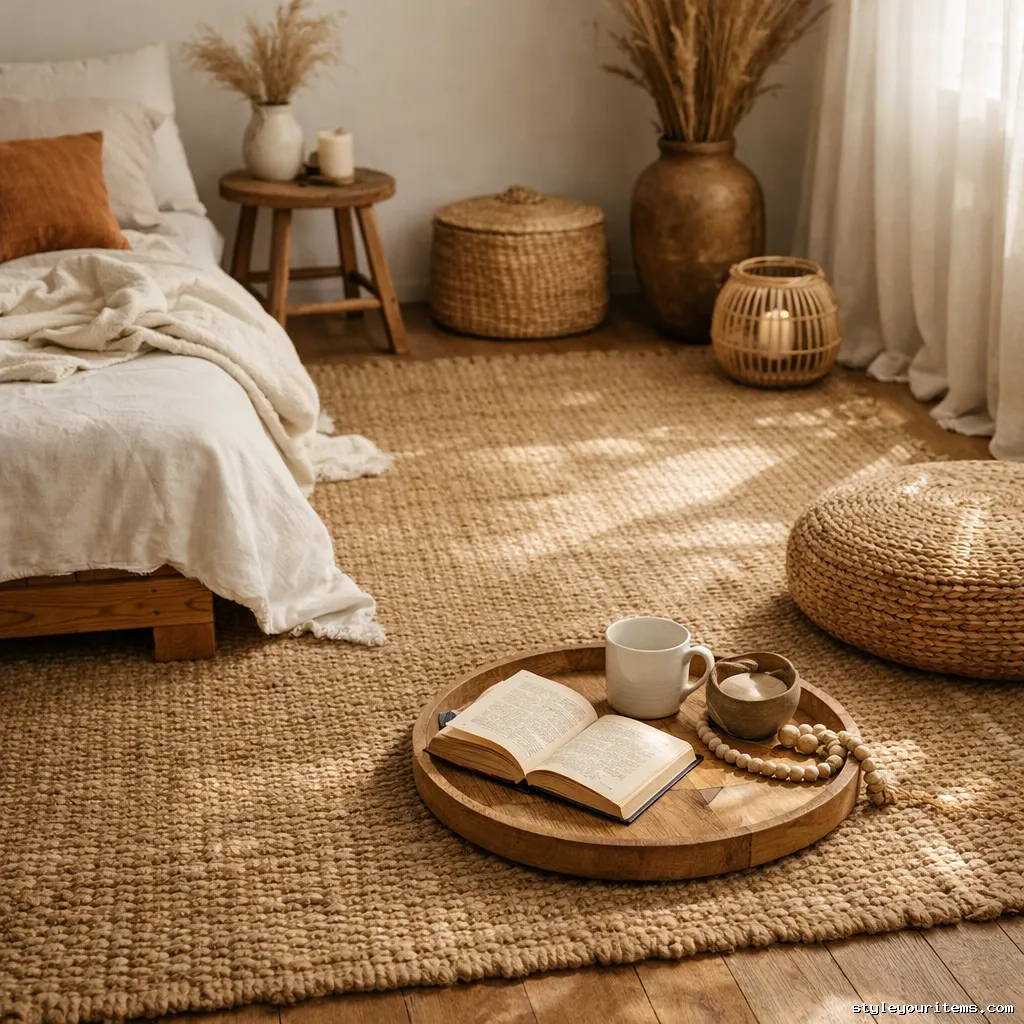Natural jute rug in boho bedroom interior