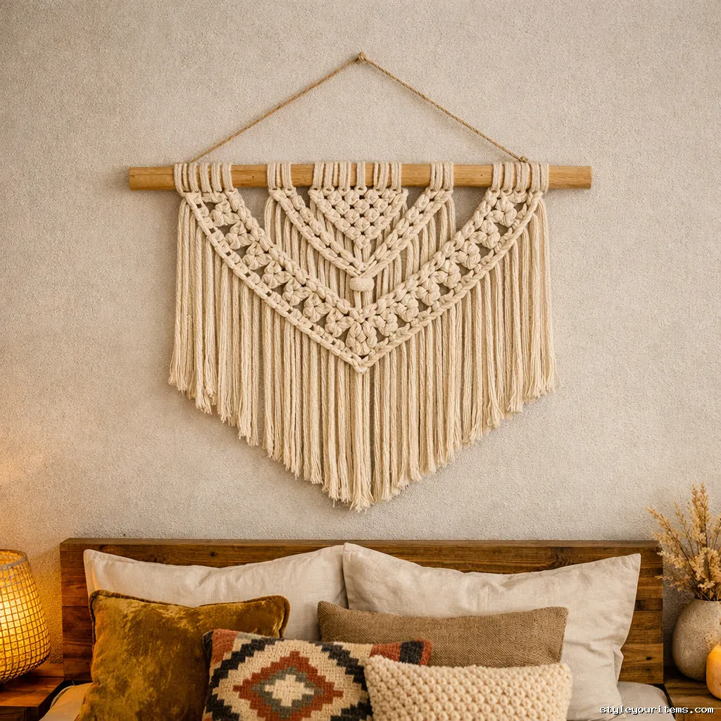 Handmade macramé wall decor in boho bedroom